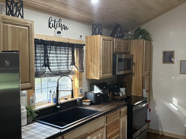 7506 Roaring Run Rd Unit 1, Covington, VA 24426 - kitchen featuring appliances with stainless steel finishes, a sink, wood ceiling, vaulted ceiling, and tile countertops