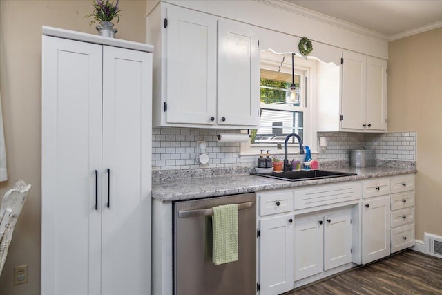 160 Mountain View Dr, Rocky Mount, VA 24151 - kitchen with dishwasher, a sink, backsplash, white cabinets, and ornamental molding