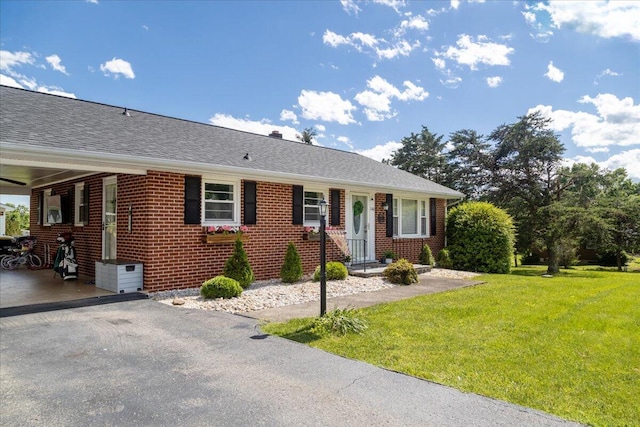 160 Mountain View Dr, Rocky Mount, VA 24151 - ranch-style home featuring a front lawn, brick siding, asphalt driveway, and roof with shingles