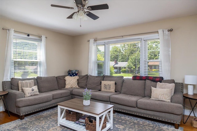 160 Mountain View Dr, Rocky Mount, VA 24151 - living room featuring a ceiling fan and wood finished floors