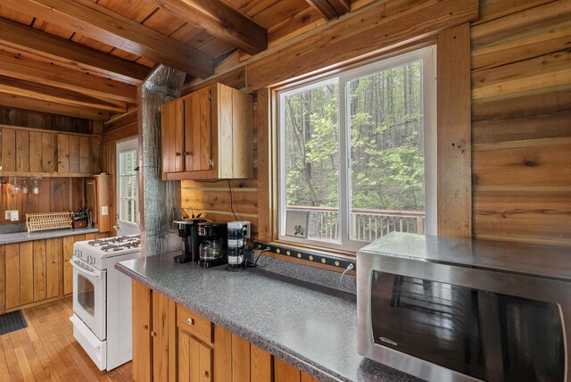 1539 Wheats Valley Rd, Bedford, VA 24523 - kitchen with stainless steel microwave, white range with gas stovetop, healthy amount of natural light, wooden ceiling with exposed beams, and wood walls