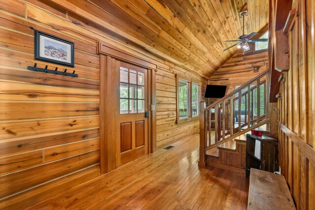 1539 Wheats Valley Rd, Bedford, VA 24523 - entrance foyer with wooden ceiling, vaulted ceiling, hardwood / wood-style floors, wood walls, and ceiling fan