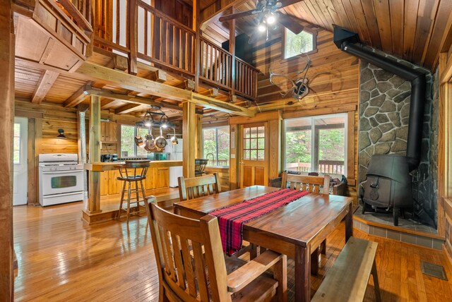 1539 Wheats Valley Rd, Bedford, VA 24523 - dining space with a wood stove, wooden walls, wooden ceiling with exposed beams, healthy amount of natural light, and a ceiling fan