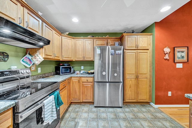 7123 Tall Oak Ln, Roanoke, VA 24018 - kitchen featuring stainless steel appliances, under cabinet range hood, recessed lighting, light stone counters, and baseboards