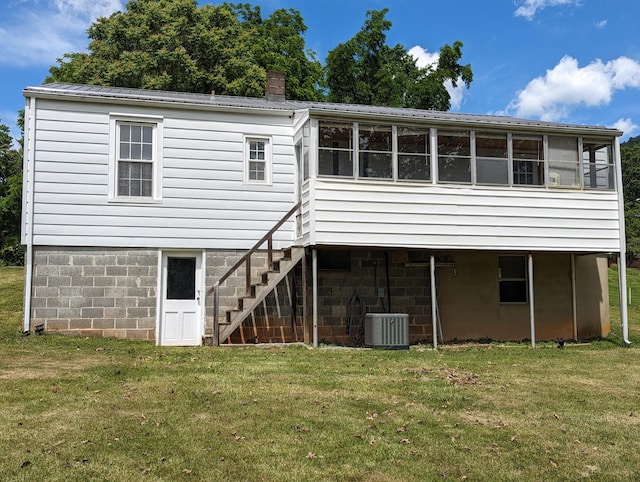 150 Harvey St, Rocky Mount, VA 24151 - rear view of property with stairs, a yard, a sunroom, and metal roof
