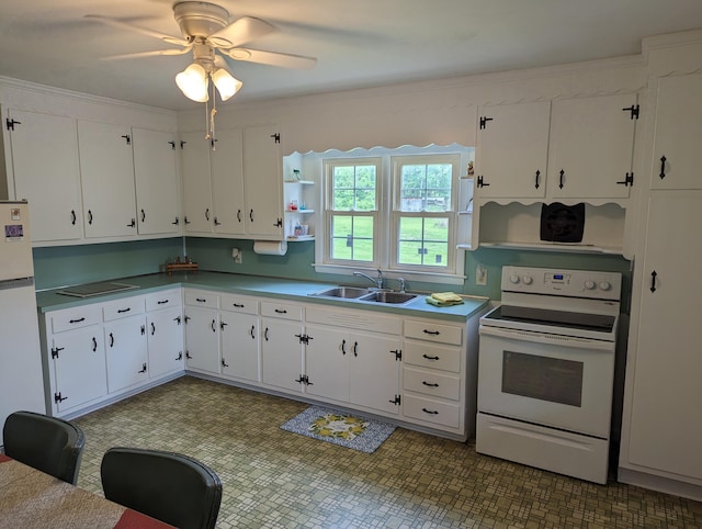 150 Harvey St, Rocky Mount, VA 24151 - kitchen with white appliances, a sink, open shelves, white cabinets, and a ceiling fan