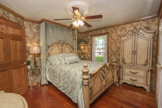 157 Burks Hollow Rd SW, Willis, VA 24380 - bedroom featuring crown molding, wallpapered walls, dark wood-type flooring, a textured ceiling, and a ceiling fan