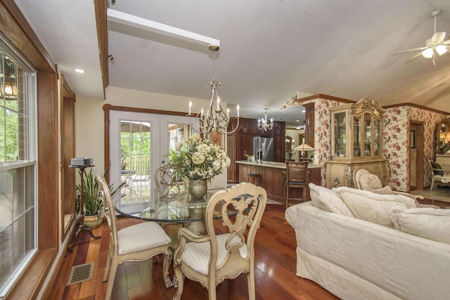 157 Burks Hollow Rd SW, Willis, VA 24380 - dining room with dark wood-style flooring, a chandelier, a ceiling fan, recessed lighting, and lofted ceiling