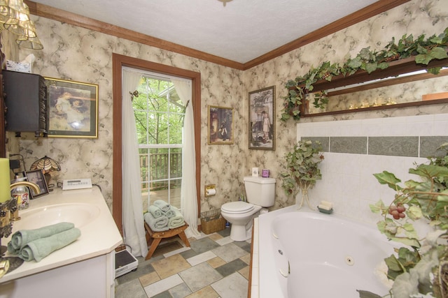 157 Burks Hollow Rd SW, Willis, VA 24380 - full bathroom featuring a whirlpool tub, toilet, vanity, ornamental molding, and wallpapered walls