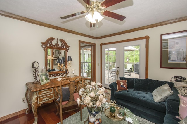 157 Burks Hollow Rd SW, Willis, VA 24380 - living room featuring french doors, wood finished floors, ceiling fan, baseboards, and crown molding