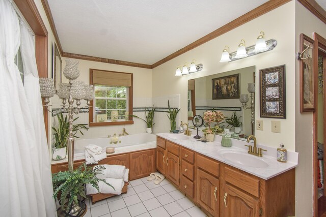 157 Burks Hollow Rd SW, Willis, VA 24380 - full bathroom with tile patterned floors, double vanity, crown molding, and a garden tub