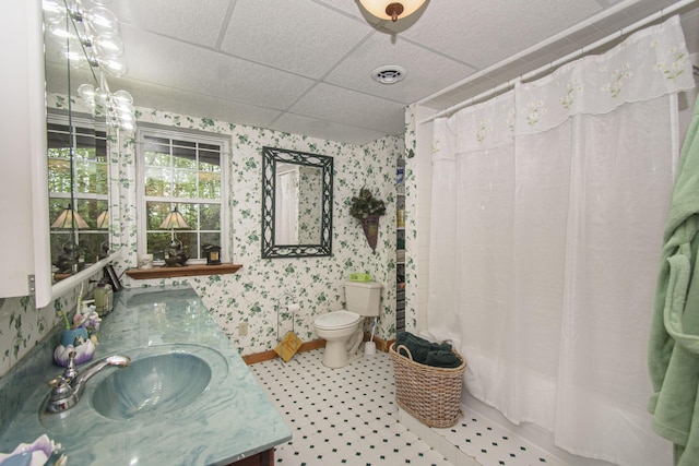 157 Burks Hollow Rd SW, Willis, VA 24380 - bathroom with wallpapered walls, vanity, a drop ceiling, and toilet
