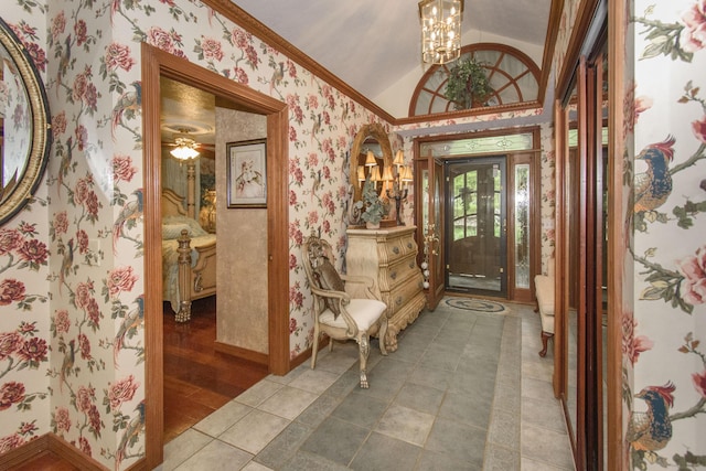 157 Burks Hollow Rd SW, Willis, VA 24380 - tiled foyer featuring wallpapered walls, a chandelier, lofted ceiling, and baseboards