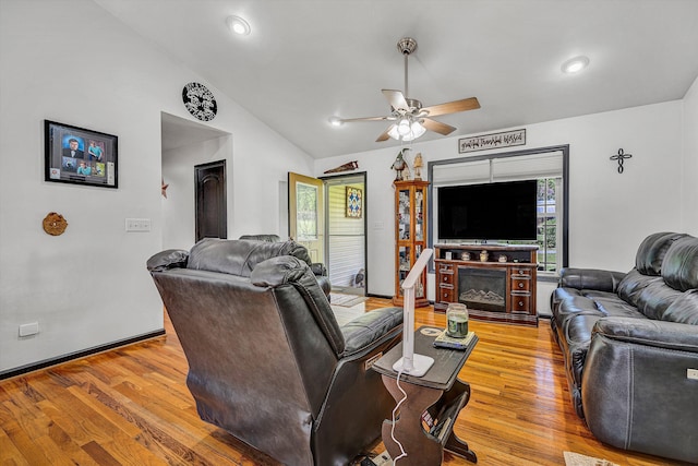 22 Spring Branch Ln, Fincastle, VA 24090 - living room with a ceiling fan, vaulted ceiling, wood finished floors, a fireplace, and recessed lighting