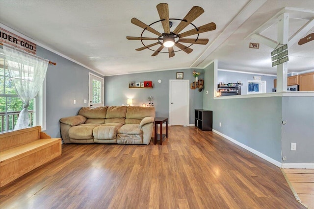 4362 Stewartsville Rd, Moneta, VA 24121 - living room with ceiling fan, wood finished floors, lofted ceiling, baseboards, and crown molding