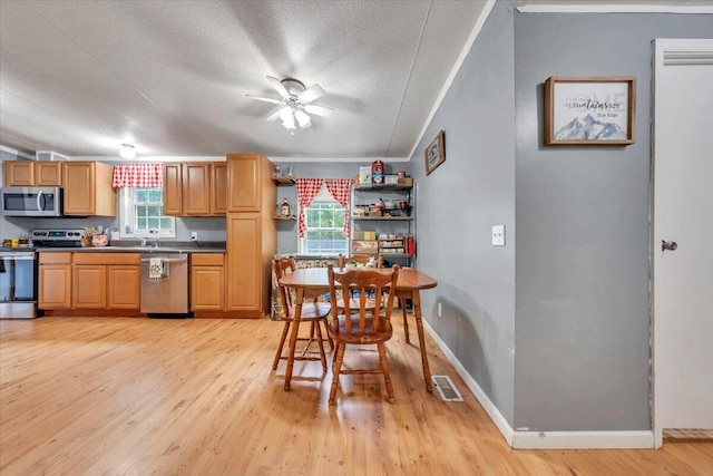 4362 Stewartsville Rd, Moneta, VA 24121 - kitchen with appliances with stainless steel finishes, a textured ceiling, light wood finished floors, dark countertops, and ceiling fan