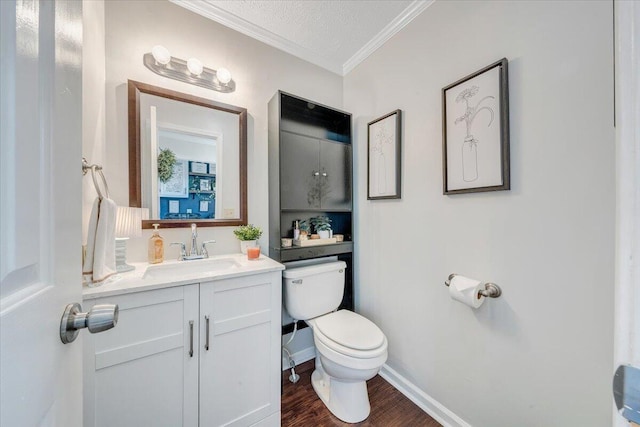 1028 Park Mountain Ter, Huddleston, VA 24104 - half bath with toilet, crown molding, vanity, wood finished floors, and a textured ceiling
