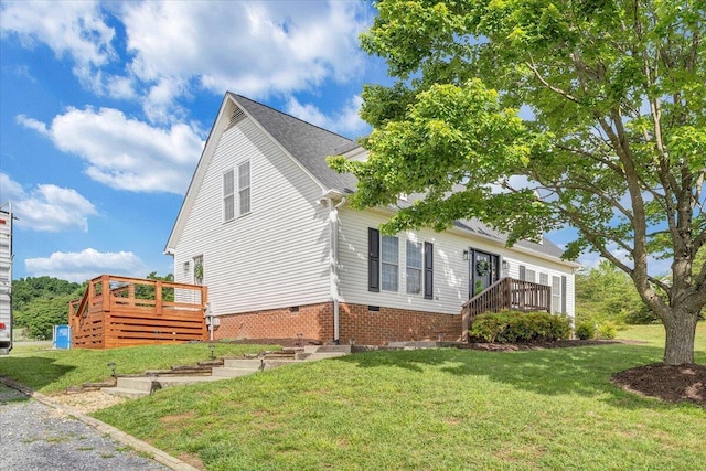1028 Park Mountain Ter, Huddleston, VA 24104 - view of home's exterior featuring a deck, a lawn, crawl space, and roof with shingles