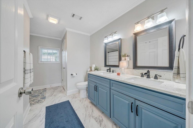 1028 Park Mountain Ter, Huddleston, VA 24104 - full bathroom featuring double vanity, toilet, baseboards, ornamental molding, and a textured ceiling