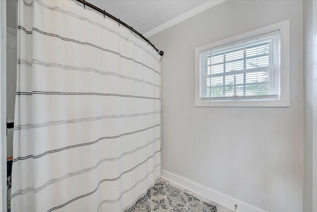 1028 Park Mountain Ter, Huddleston, VA 24104 - full bathroom featuring a textured ceiling, ornamental molding, baseboards, and a shower with shower curtain