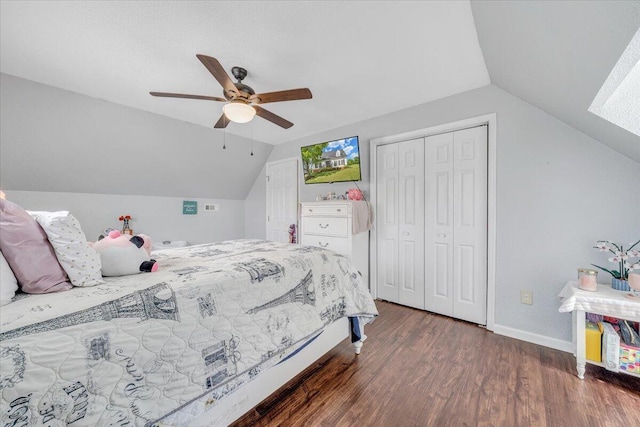 1028 Park Mountain Ter, Huddleston, VA 24104 - bedroom with lofted ceiling, wood finished floors, a closet, baseboards, and a ceiling fan