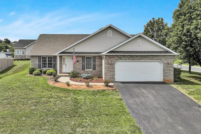 1801 Meadows Ct, Vinton, VA 24179 - traditional-style house featuring asphalt driveway, a garage, brick siding, a front lawn, and a shingled roof