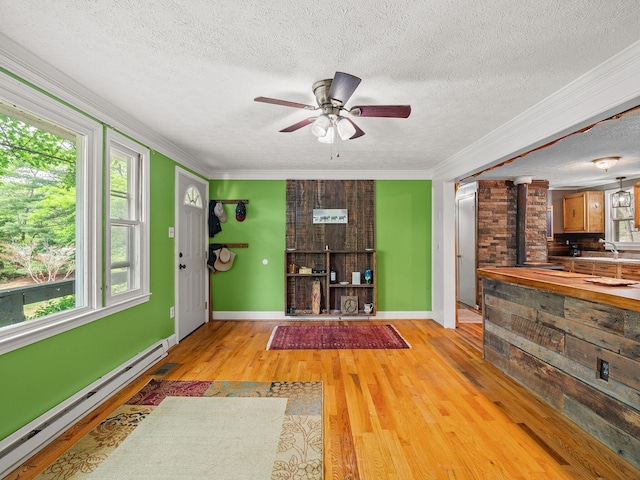 6357 Breckinridge Mill Rd, Fincastle, VA 24090 - unfurnished living room featuring baseboard heating, a textured ceiling, crown molding, a ceiling fan, and light wood finished floors