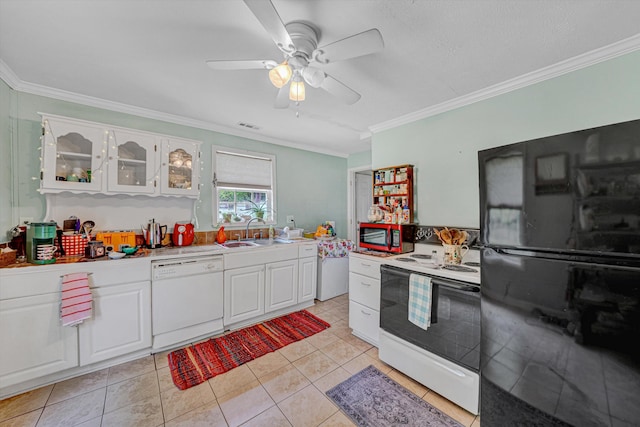 1514 Redwood Rd SE, Roanoke, VA 24014 - kitchen with white appliances, a sink, crown molding, light countertops, and white cabinets