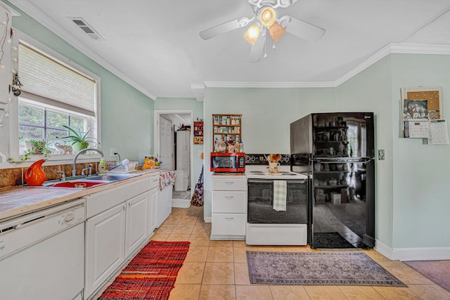 1514 Redwood Rd SE, Roanoke, VA 24014 - kitchen featuring white appliances, a sink, white cabinetry, ornamental molding, and a ceiling fan