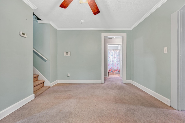 1514 Redwood Rd SE, Roanoke, VA 24014 - carpeted empty room with ceiling fan, baseboards, ornamental molding, stairs, and a textured ceiling