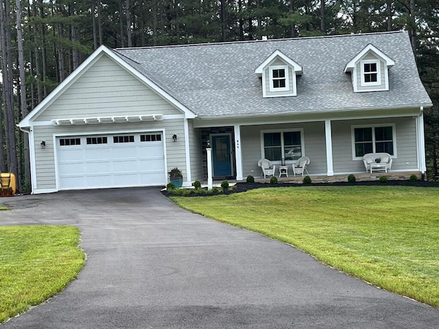 844 Lakewatch Cir, Moneta, VA 24121 - view of front of home with asphalt driveway, an attached garage, roof with shingles, a front lawn, and a porch
