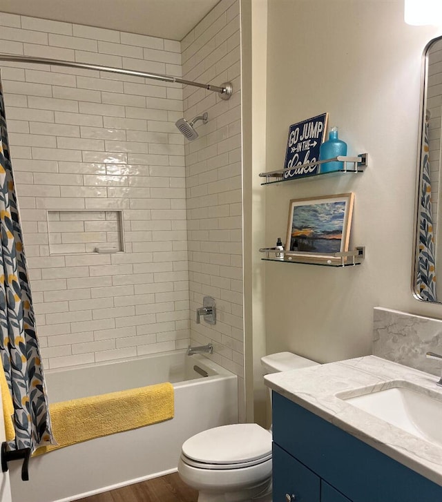 844 Lakewatch Cir, Moneta, VA 24121 - bathroom with vanity, toilet, shower / bath combo with shower curtain, and wood finished floors