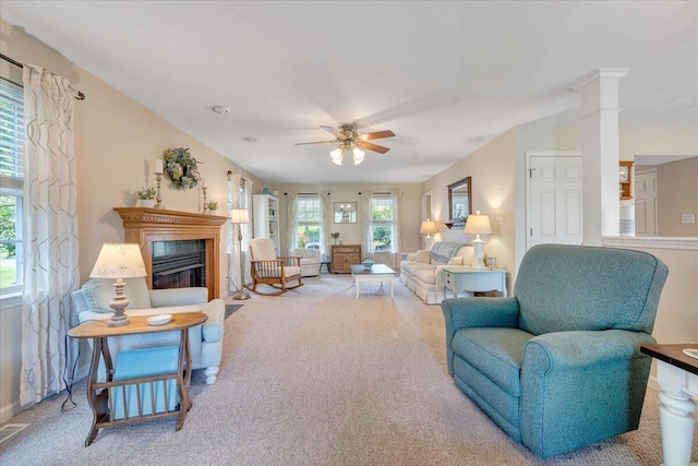610 Crystal Anne Ln, Roanoke, VA 24019 - carpeted living room with a ceiling fan, a glass covered fireplace, and baseboards