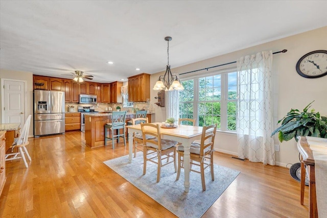 610 Crystal Anne Ln, Roanoke, VA 24019 - dining space with baseboards, light wood-style floors, a chandelier, recessed lighting, and ceiling fan
