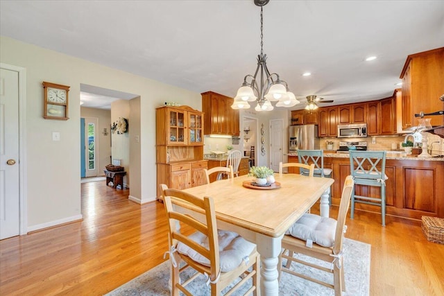 610 Crystal Anne Ln, Roanoke, VA 24019 - dining area with light wood-type flooring, a chandelier, recessed lighting, baseboards, and a ceiling fan