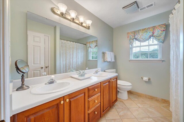 610 Crystal Anne Ln, Roanoke, VA 24019 - full bathroom with double vanity, toilet, tile patterned floors, baseboards, and curtained shower