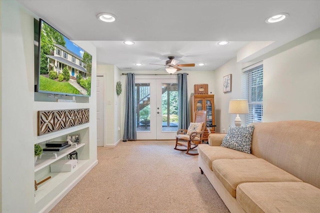 610 Crystal Anne Ln, Roanoke, VA 24019 - carpeted living room with french doors, recessed lighting, a ceiling fan, and baseboards