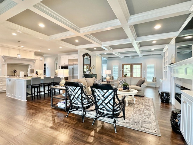 1115 Oakshire Ln, Wirtz, VA 24184 - living area featuring coffered ceiling, crown molding, beamed ceiling, recessed lighting, and dark wood-style flooring