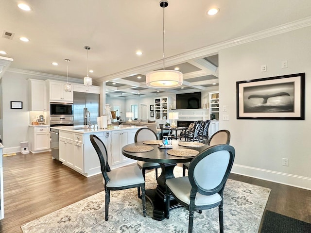 1115 Oakshire Ln, Wirtz, VA 24184 - dining room with dark wood-style floors, recessed lighting, ornamental molding, baseboards, and coffered ceiling
