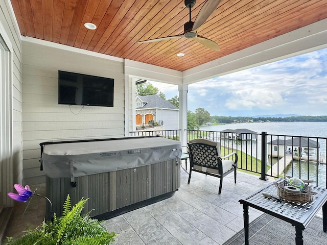 1115 Oakshire Ln, Wirtz, VA 24184 - view of patio featuring a hot tub and ceiling fan