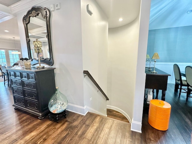 1115 Oakshire Ln, Wirtz, VA 24184 - staircase featuring wood finished floors, crown molding, baseboards, beamed ceiling, and recessed lighting