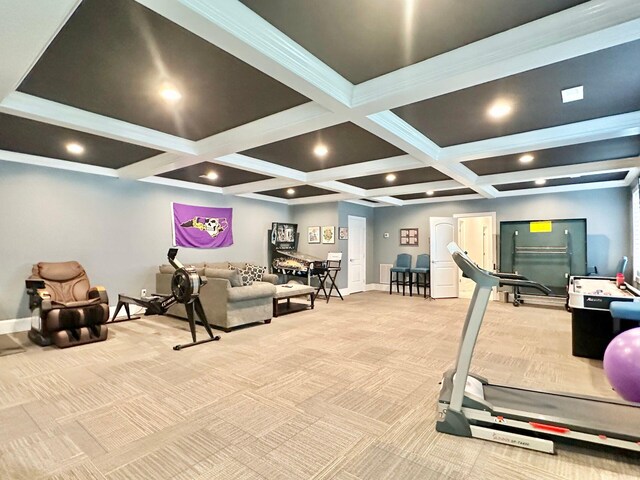 1115 Oakshire Ln, Wirtz, VA 24184 - exercise room featuring light carpet, coffered ceiling, and recessed lighting