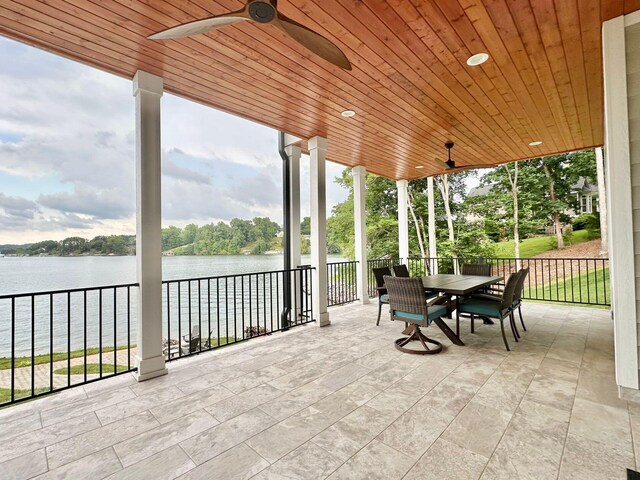 1115 Oakshire Ln, Wirtz, VA 24184 - view of patio / terrace featuring a ceiling fan, a water view, and outdoor dining area