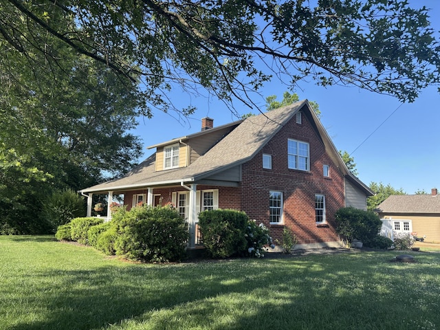 120 Nyle Ridge Rd, Wirtz, VA 24184 - view of property exterior featuring a yard, brick siding, a chimney, and a shingled roof