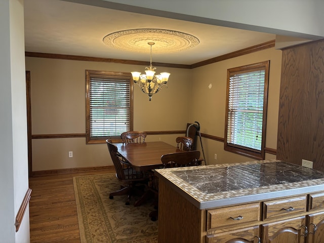 120 Nyle Ridge Rd, Wirtz, VA 24184 - dining room with a chandelier, dark wood-type flooring, and ornamental molding