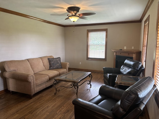 120 Nyle Ridge Rd, Wirtz, VA 24184 - living room featuring ceiling fan, dark wood-style floors, a fireplace, and crown molding