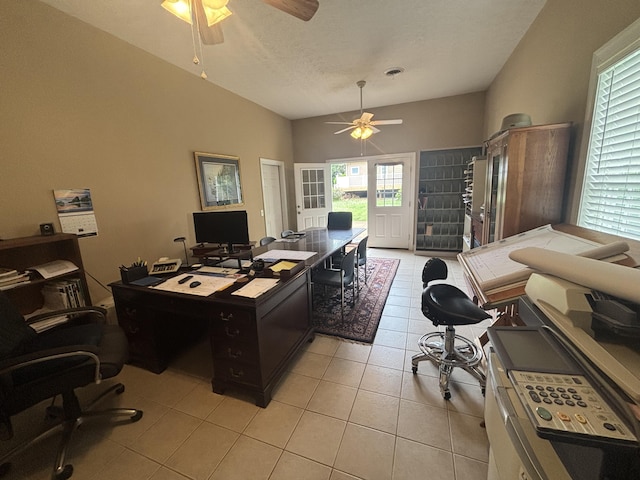 120 Nyle Ridge Rd, Wirtz, VA 24184 - office area with a ceiling fan, light tile patterned floors, and vaulted ceiling