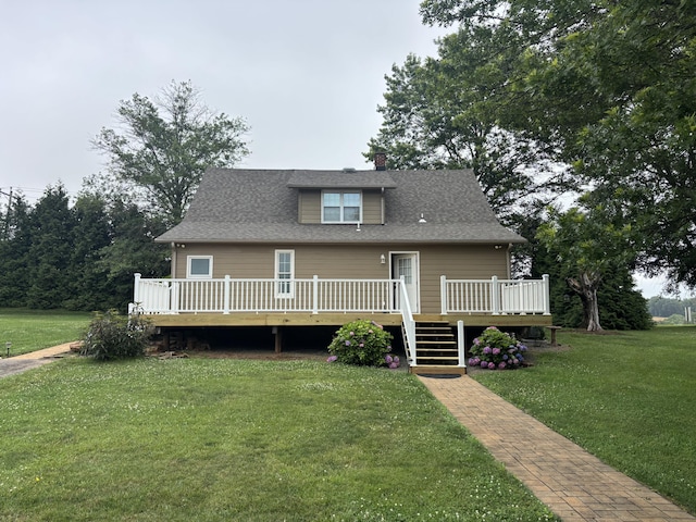 120 Nyle Ridge Rd, Wirtz, VA 24184 - bungalow-style house featuring a wooden deck, a front yard, stairway, and a chimney
