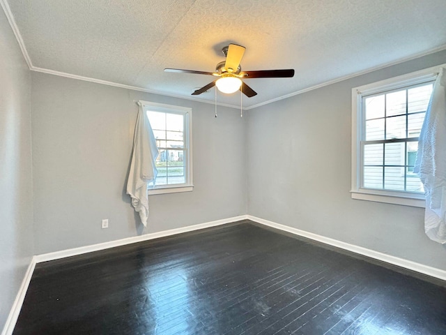 816 Brandon Ave SW, Roanoke, VA 24015 - empty room with dark wood-style floors, ceiling fan, baseboards, crown molding, and a textured ceiling