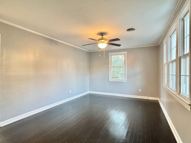 816 Brandon Ave SW, Roanoke, VA 24015 - empty room with baseboards, dark wood-type flooring, a ceiling fan, and crown molding